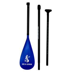 Adjustable blue and black carbon fibre paddle board paddle.