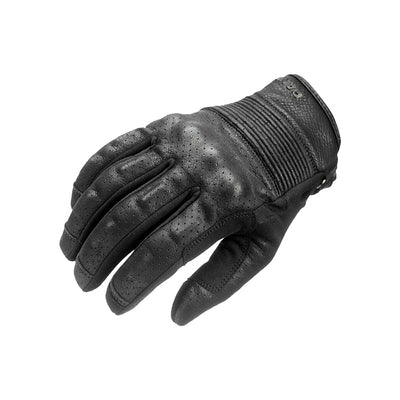 Black leather protective motorcycle glove with knuckle armour.