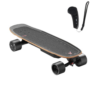 Meepo Mini 5 electric skateboard with black deck grip, wheels and remote.