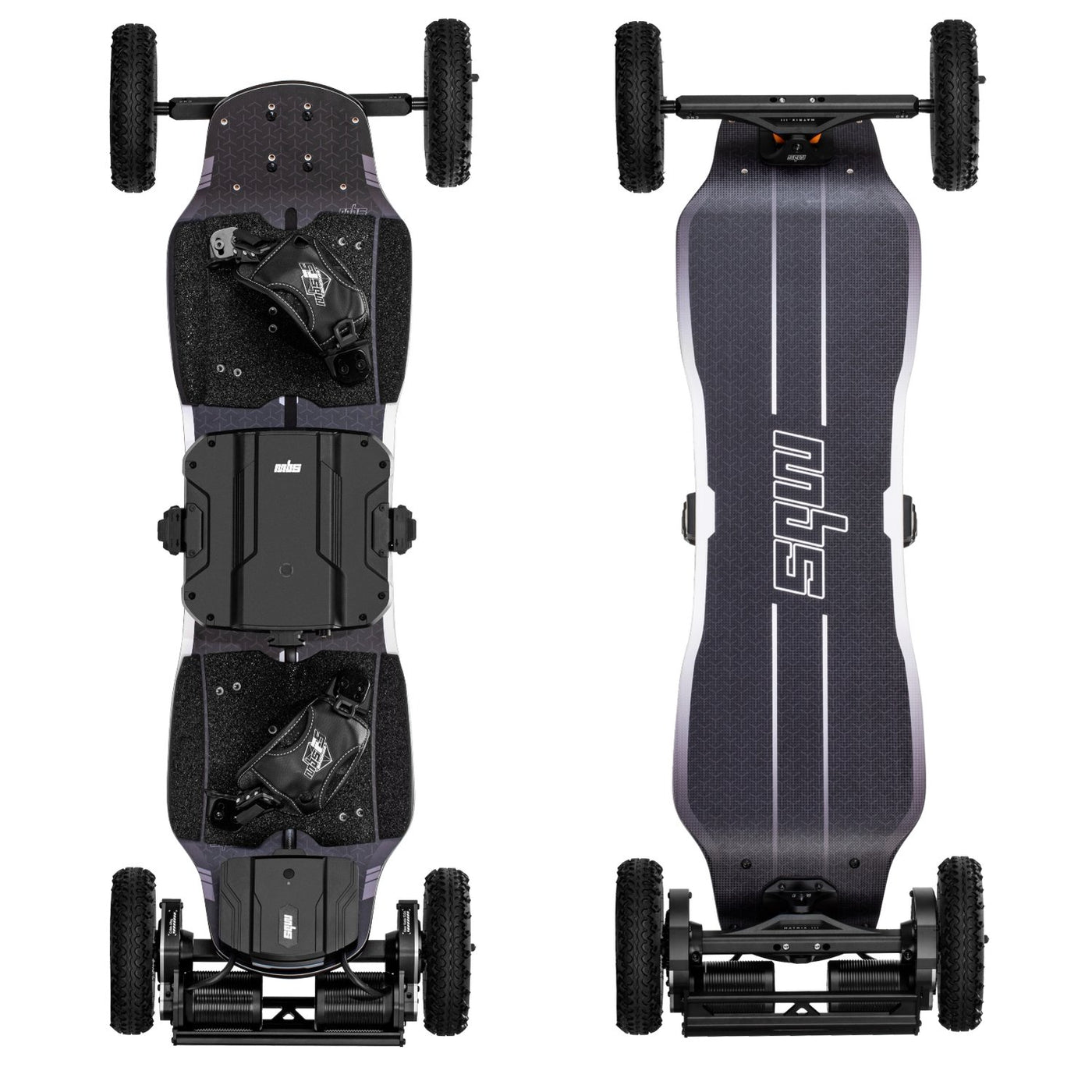 top and underside view of an MBS agent air electric mountain board with f5 bindings.