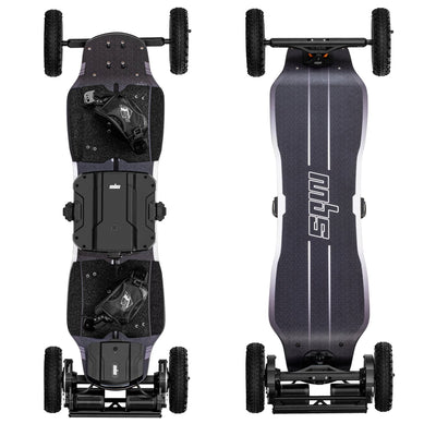 top and underside view of an MBS agent air electric mountain board with f5 bindings.
