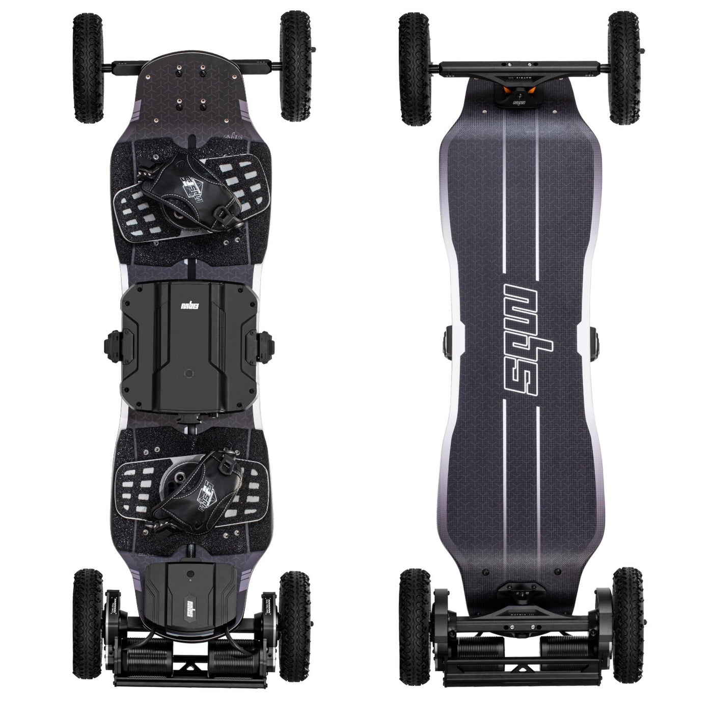 top and underside view of an MBS agent air electric mountain board with f5x bindings.