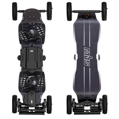 top and underside view of an MBS agent air electric mountain board with f5x bindings.