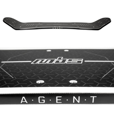 Close-up of the MBS Agent Deck’s ABS sidewalls and multiple truck mounting holes for customizable setups.