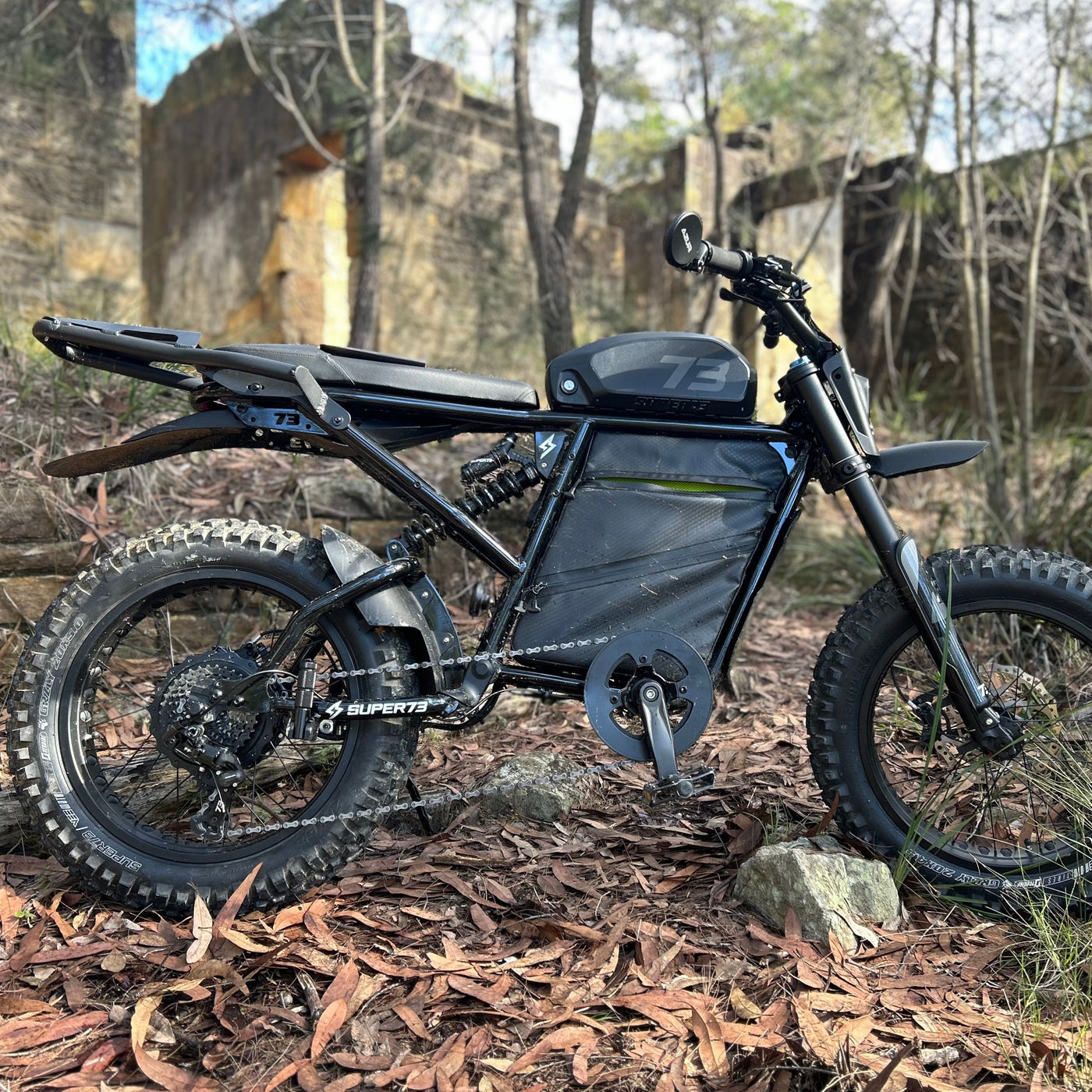 A customers SUPER73 RX-E Obsidian Black, in the bush, Sydney, Australia