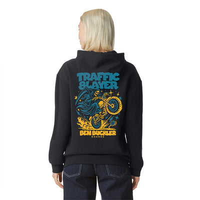 black unisex hoodie with yellow and teal traffic slayer graphic.