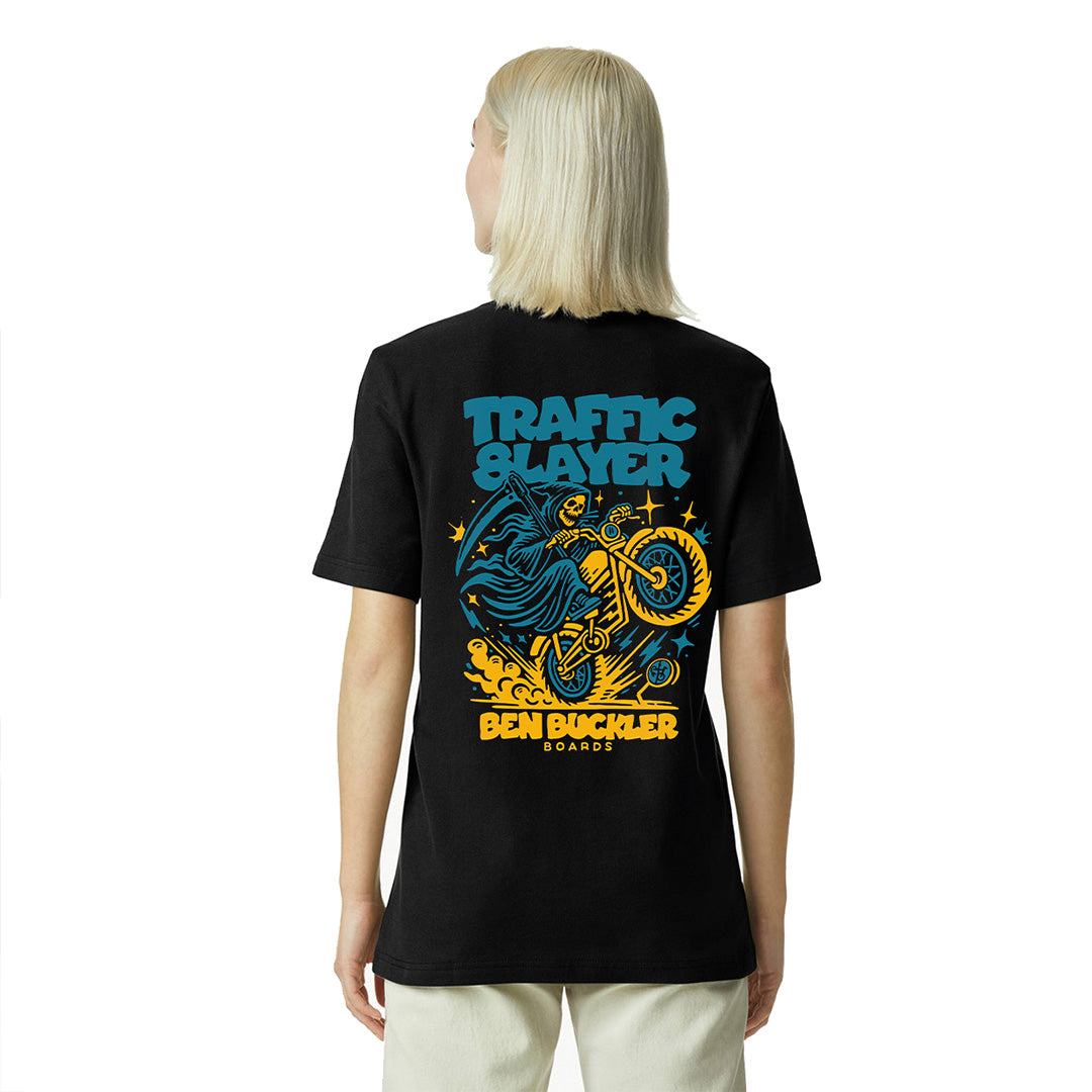 Black colour unisex tee with yellow and teal traffic slayer graphic.