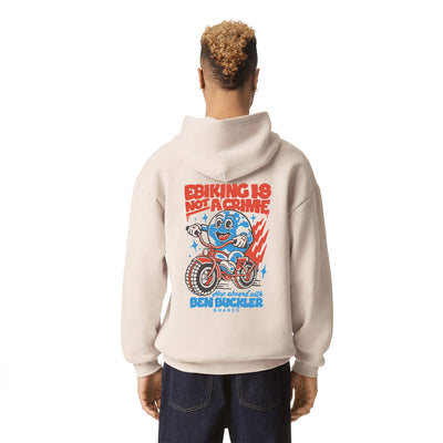 Bone colour unisex hoodie with blue and red ebiking is not a crime graphic.