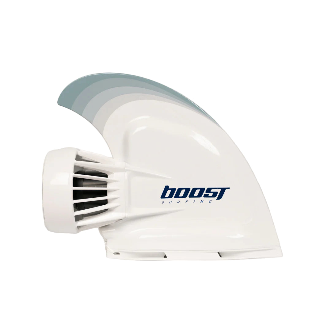 White electric surfboard fin with folding propeller and "Boost Surfing" logo on the side against a white background.