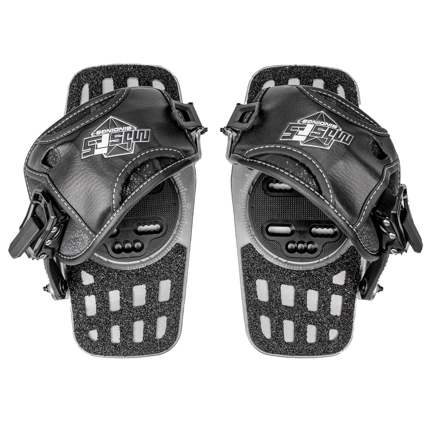 MBS F5X bindings featuring 4-hole snowboard adjustment disc for precise stance tuning.