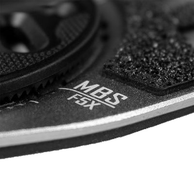 Close-up of MBS F5X binding's 6061-T6 aluminum baseplate with integrated toe and heel ramps.