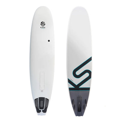 White and grey electric surfboard By Kahe Surf, top and bottom image.