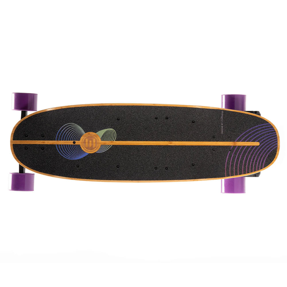 Top view of Onirique skateboard with purple wheels