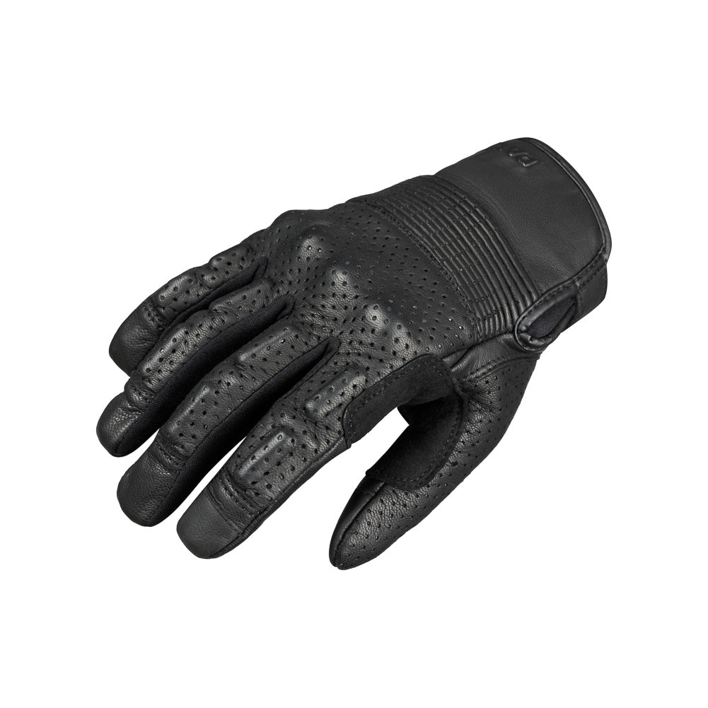Black leather glove with textured palm on a white background