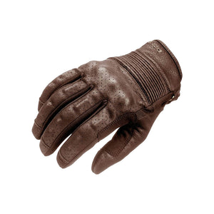 Brown leather motorcycle glove with knuckle protection by Pando Moto.