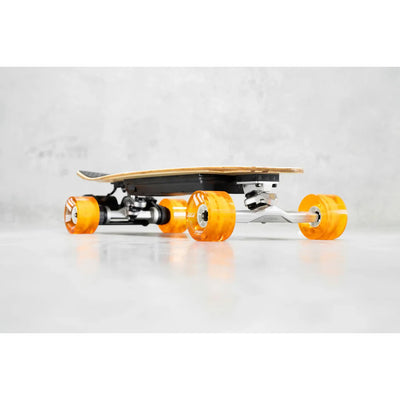 evolve stoke x electric skateboard with ice orange street wheels