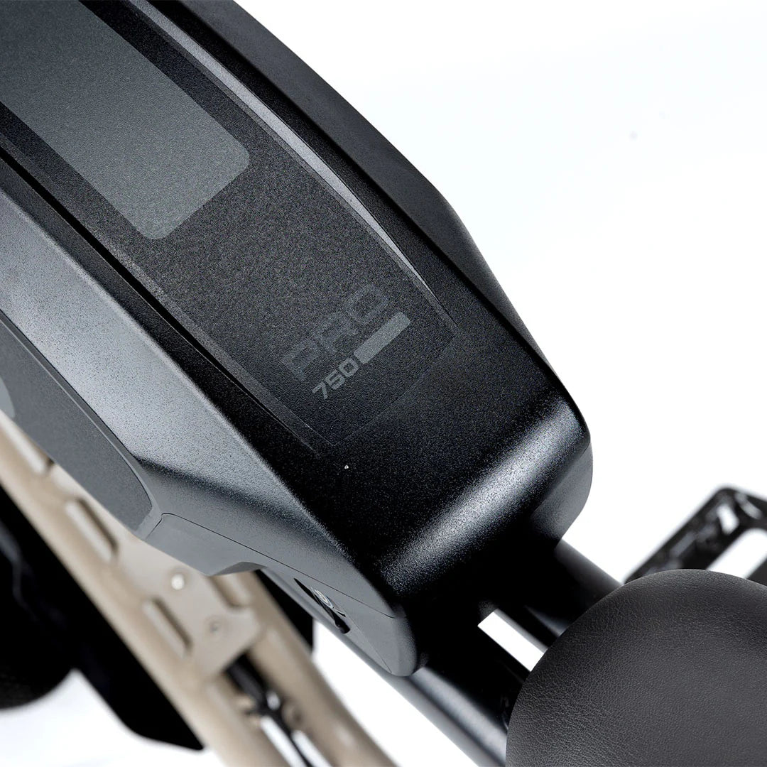 Side view of the SUPER73 PRO 750 Battery, displaying voltage and capacity details (48V, 15Ah, 720Wh) for high-performance electric bike power.