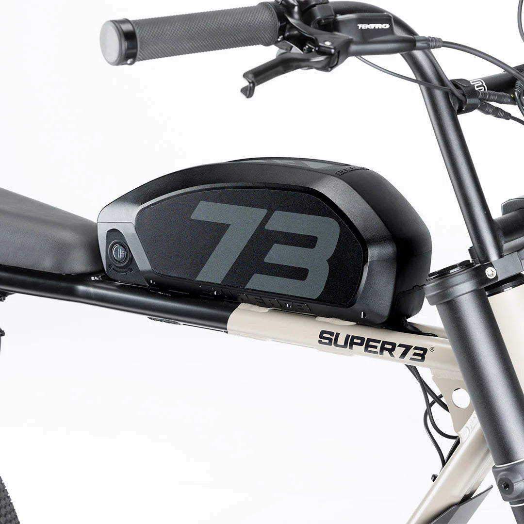 SUPER73 PRO 750 Battery mounted on a compatible SUPER73 bike, emphasizing its lightweight design and seamless fit for extended rides.