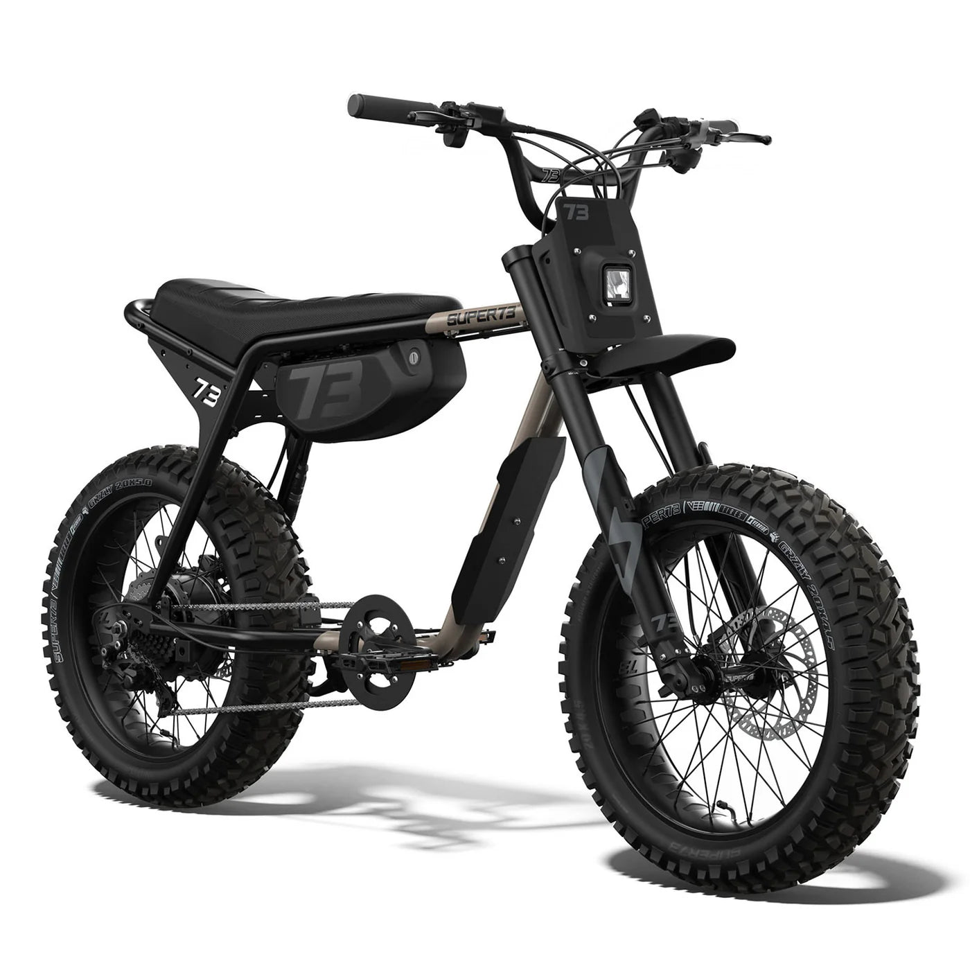 Front angle view of the Super73 Z Adventure Core in Sandstorm, showcasing its rugged frame and oversized tires.
Side profile of the Super73 Z Adventure Core in Sandstorm color, highlighting its minimalist design and adventure-ready build.
