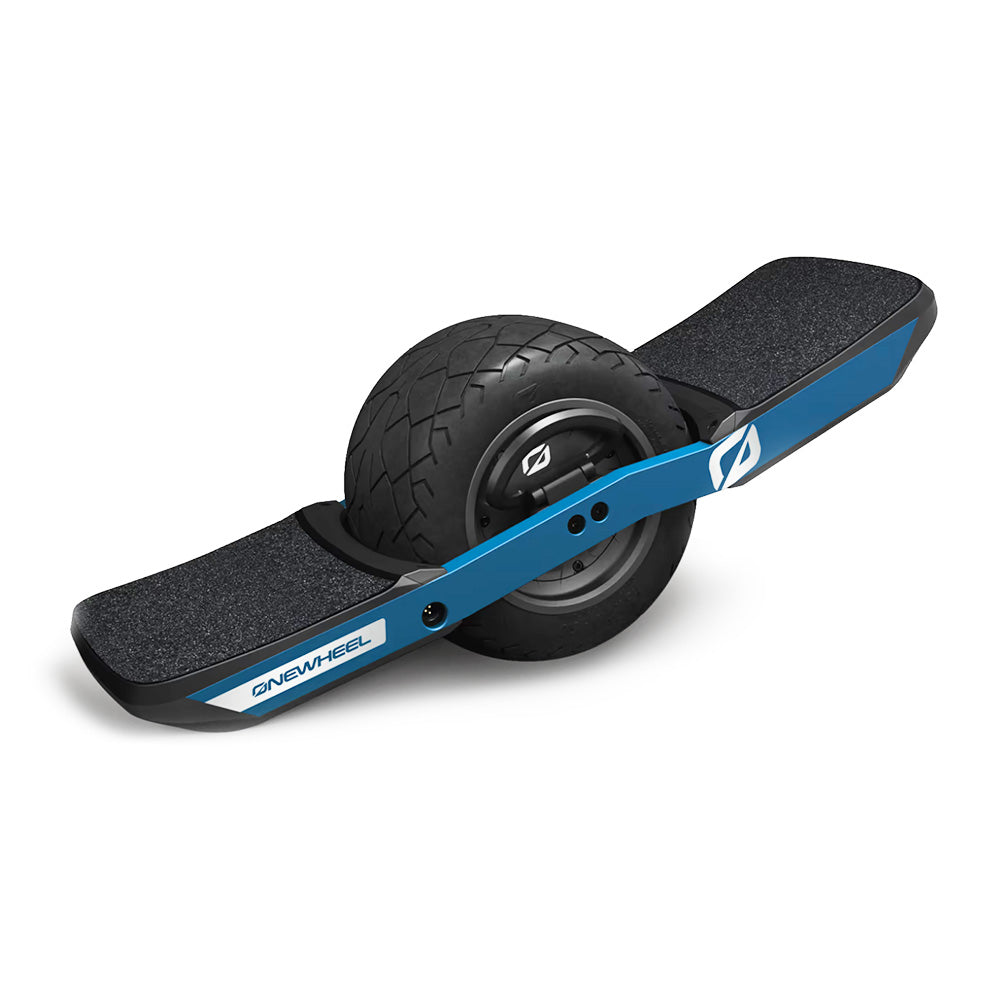 Onewheel XR Classic with blue recurved rails, treaded tyre and black footpads