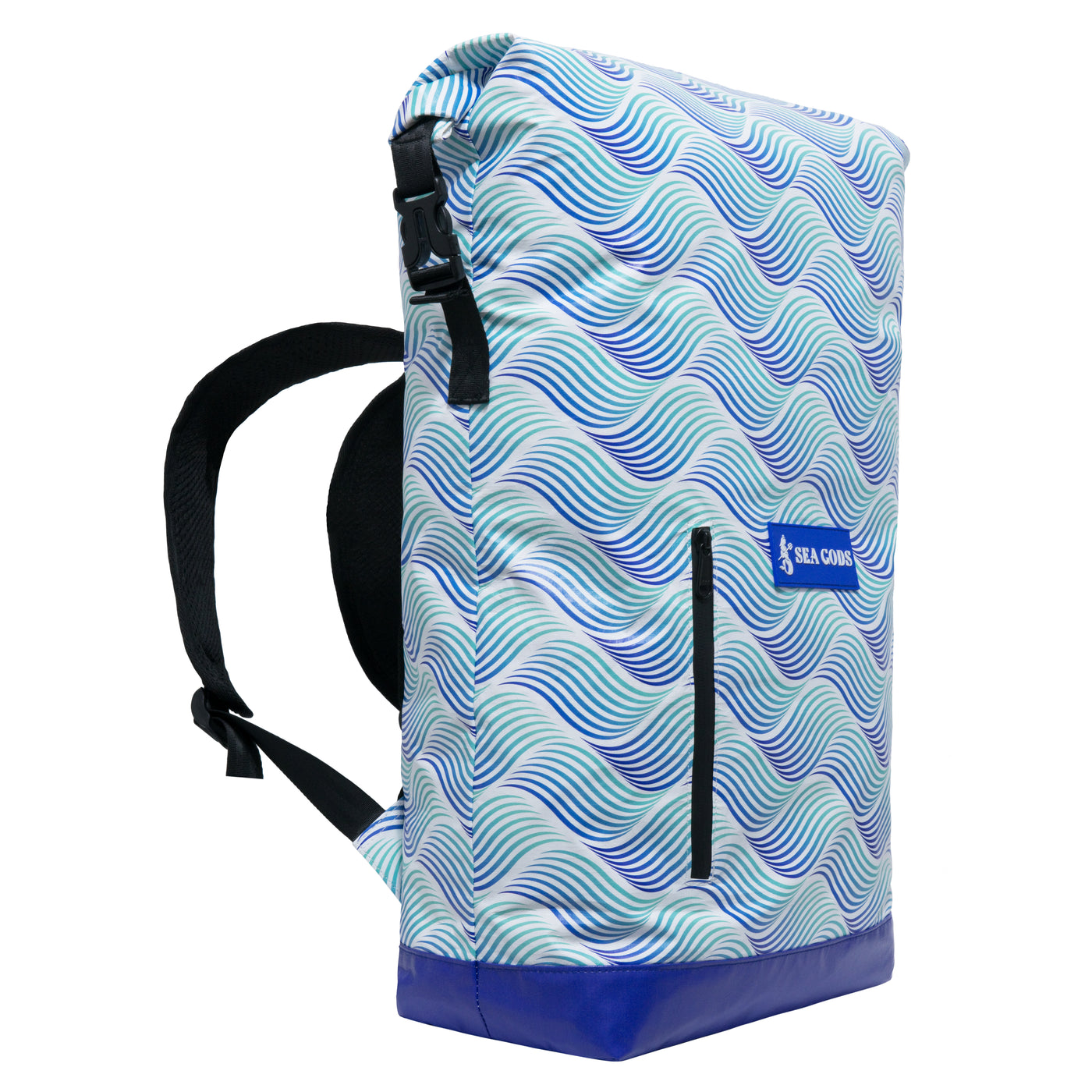 Sea gods dry backpack showing all its features, blue sea gods label and wavy printed pattern.