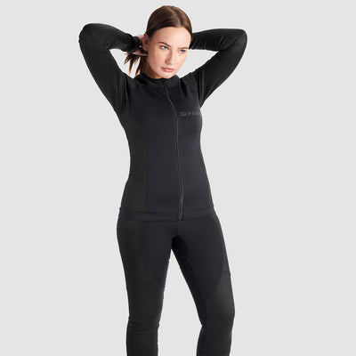 Woman wearing Durable SKIN UH AAA base layer motorcycle leggings with abrasion-resistant and heat-conductive fabric