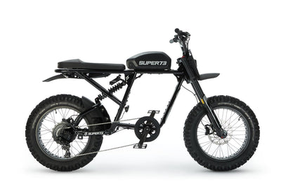 Super73 RX-E ebike in Black, side view, showing fat knobby tyres