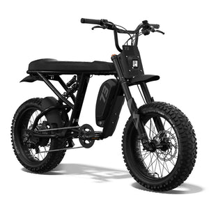 Super73 RX-E Adventure bike in sleek black finish with extended seat for comfort and stability