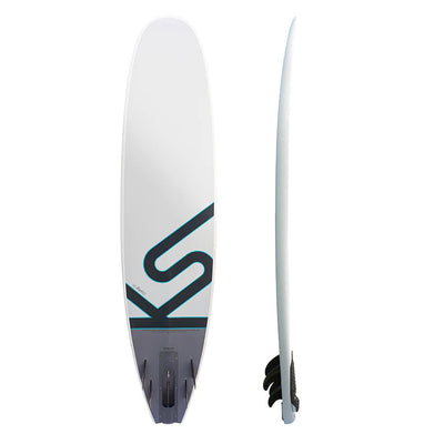 White and grey electric surfboard by Kahe surf, bottom and side view.