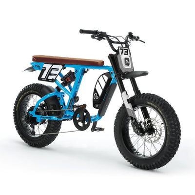 Blue BSD Special Edition Super73 with brown seat.