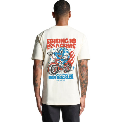 Bone colour unisex tee with blue and red ebiking is not a crime graphic.