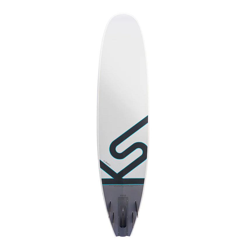 White and grey electric surfbord by Kahe Surf, bottom view.