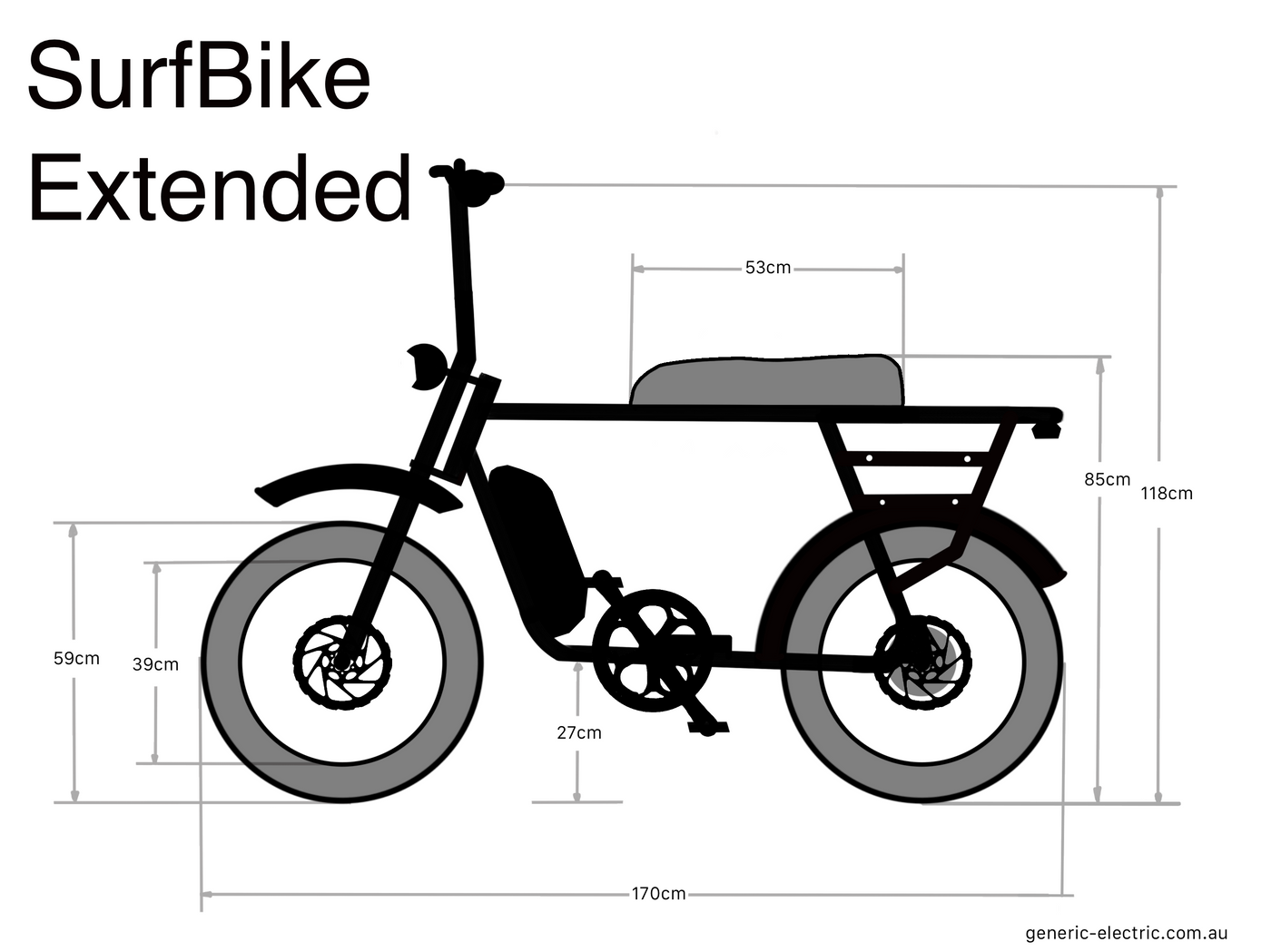 Measurements of the Surfbike Extended ebike, side on, in black and white