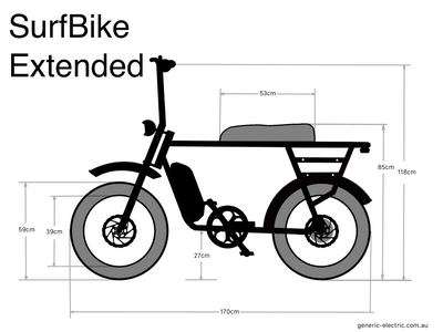 Measurements of the Surfbike Extended ebike, side on, in black and white