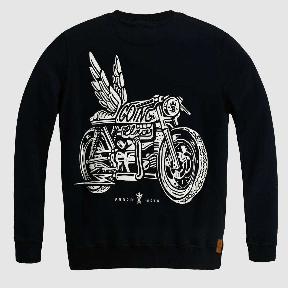 Black long sleeve sweatshirt with while winged motorcycle logo on the back.