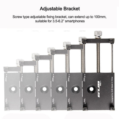 Size chart of adjustable bracket for phone holder by Ben Buckler Boards 
